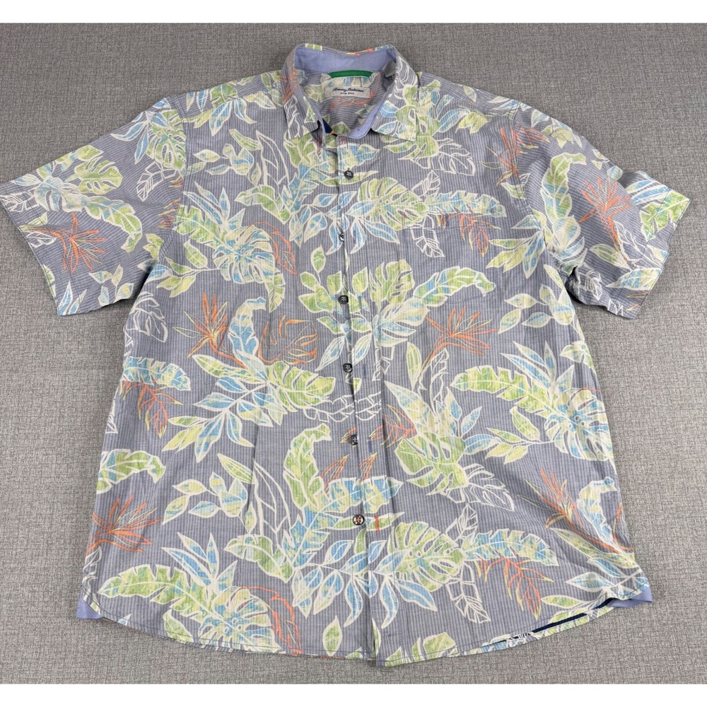 Tommy Bahama Nova Wave MensBlue SeersuckerTropicalFloral Shirt Large L Short Slv